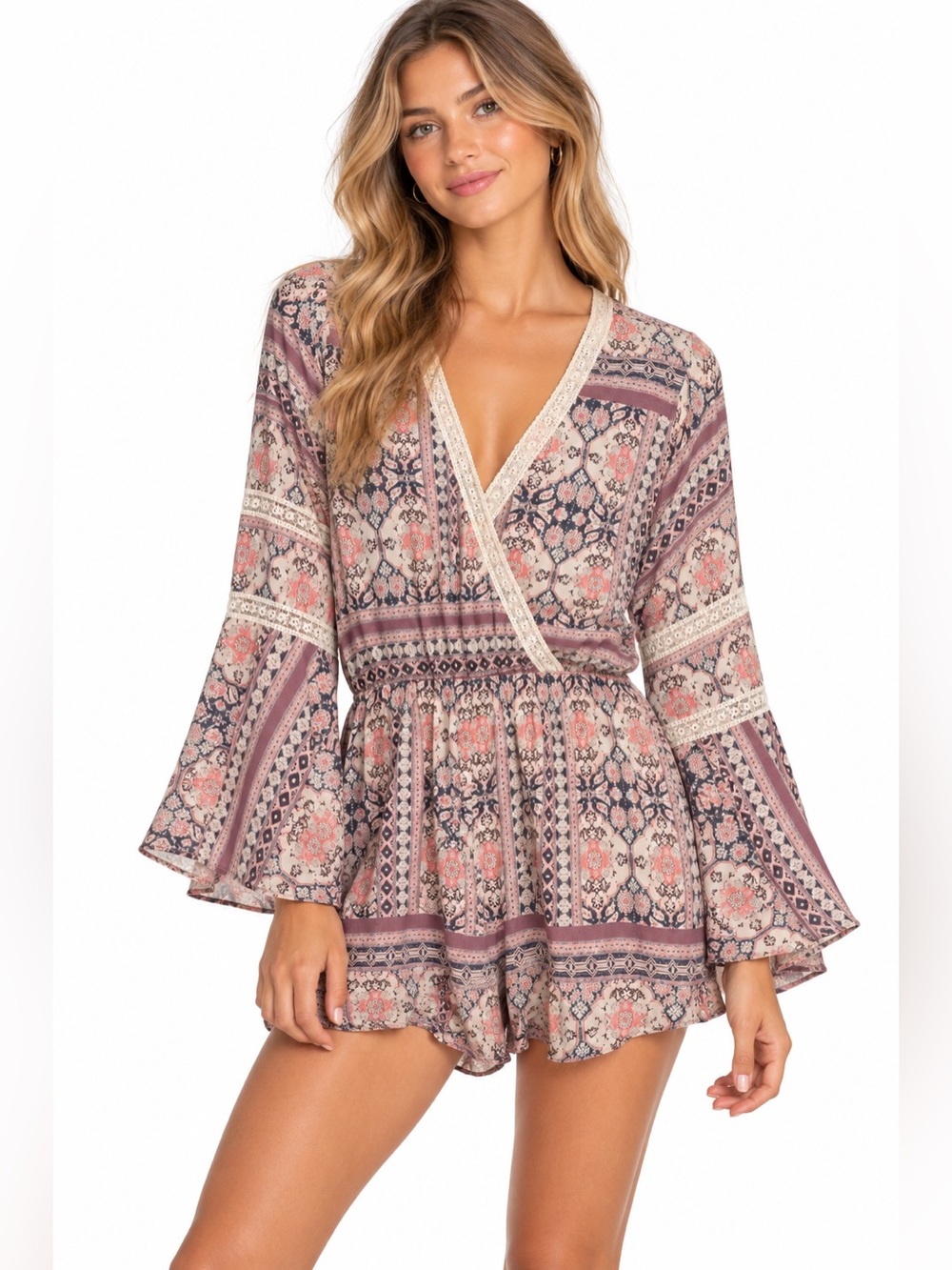 L*Space Floral Print Surplice Romper in Dusty Rose Bell Sleeves Boho Size Medium